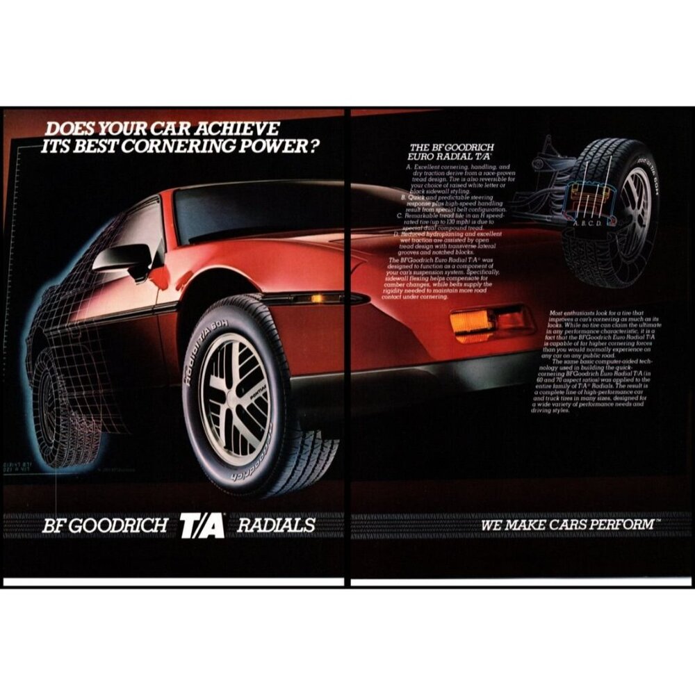 1985 Pontiac Fiero BF Goodrich Tires 2 Page Vintage Print Ad Man Cave Wall Art